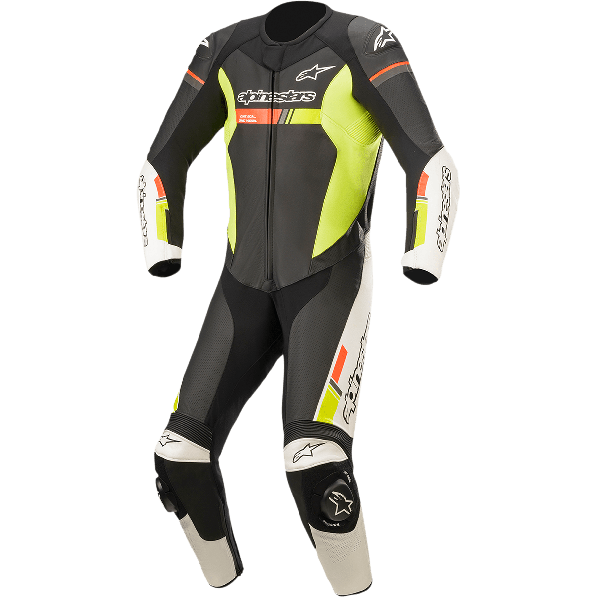 GP Force Chaser 1-Piece Leather Suit - Black/White/Red Fluo/Yellow Fluo